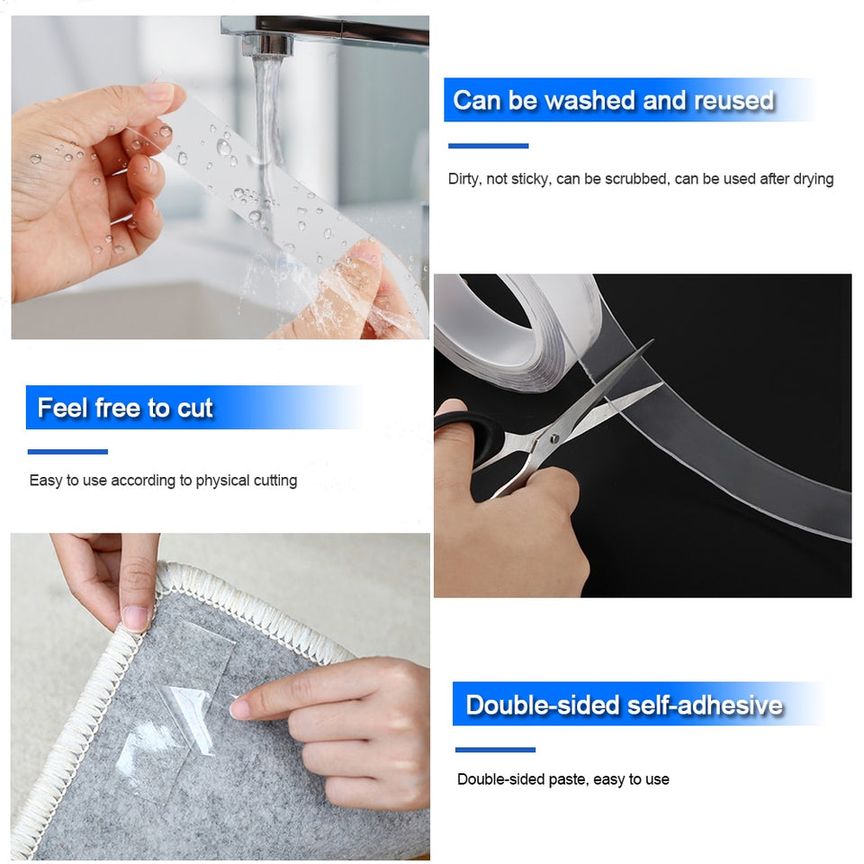 Transparent Magic Nano Tape Washable Reusable Double-Sided Tape Adhesive Nano-No Trace Paste Removable Glue Cleanable Household