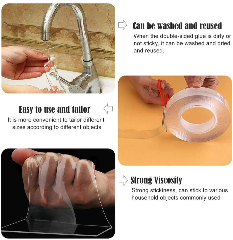 Transparent Magic Nano Tape Washable Reusable Double-Sided Tape Adhesive Nano-No Trace Paste Removable Glue Cleanable Household
