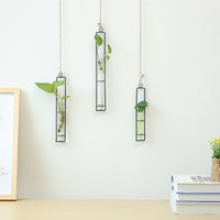 Creative Wall Hanging Flower Vase Iron Glass Hydroponics Planter Pot Transparent Hanging Flower Bottle Home