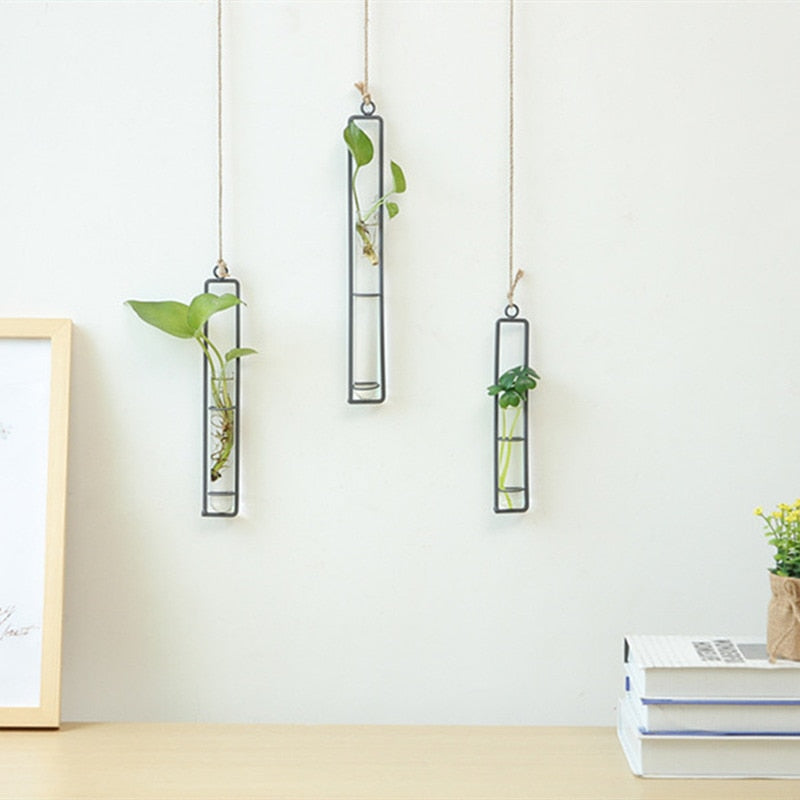 Creative Wall Hanging Flower Vase Iron Glass Hydroponics Planter Pot Transparent Hanging Flower Bottle Home