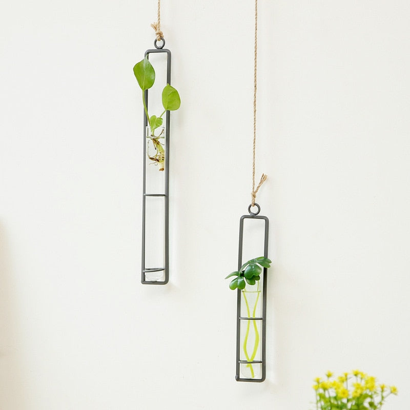 Creative Wall Hanging Flower Vase Iron Glass Hydroponics Planter Pot Transparent Hanging Flower Bottle Home
