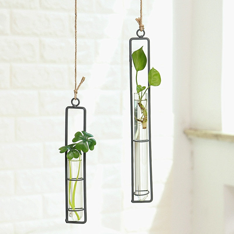 Creative Wall Hanging Flower Vase Iron Glass Hydroponics Planter Pot Transparent Hanging Flower Bottle Home