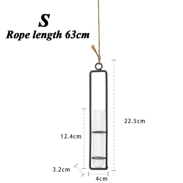 Creative Wall Hanging Flower Vase Iron Glass Hydroponics Planter Pot Transparent Hanging Flower Bottle Home